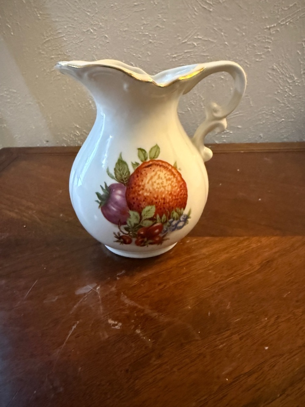 Vintage Fruit Motif Porcelain Pitcher with Gold Trim